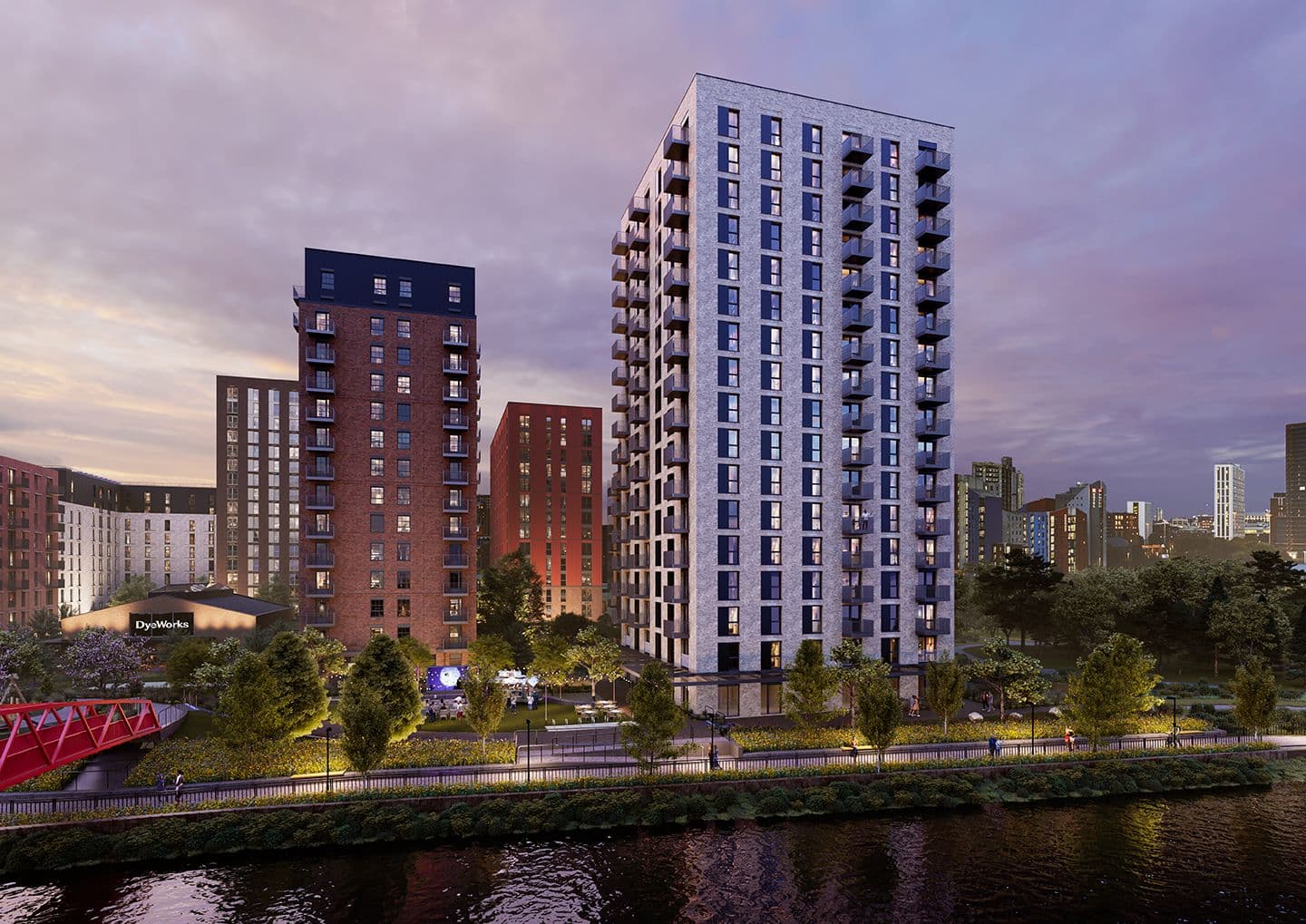 CGI image at night of the Opal building at Dyecoats, Leeds
